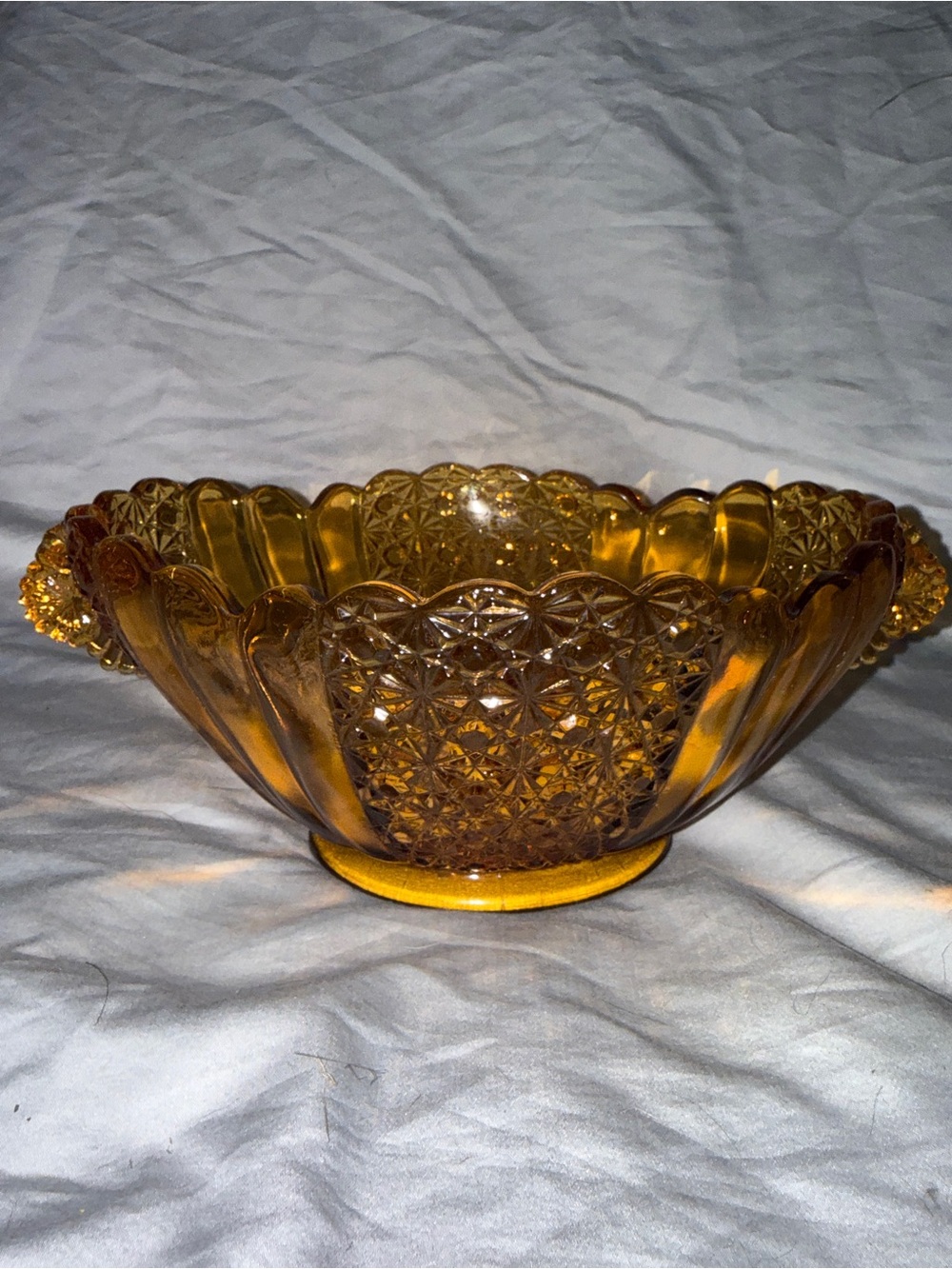 Fenton “Colonial Amber” Daisy Burton two-handed scalloped oval bowl